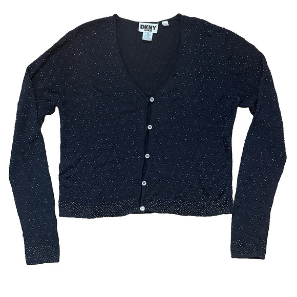 Y2K DKNY Jeans Beaded Cardigan Sweater Black Button Front Oversized M Vamp Glam - Picture 1 of 9